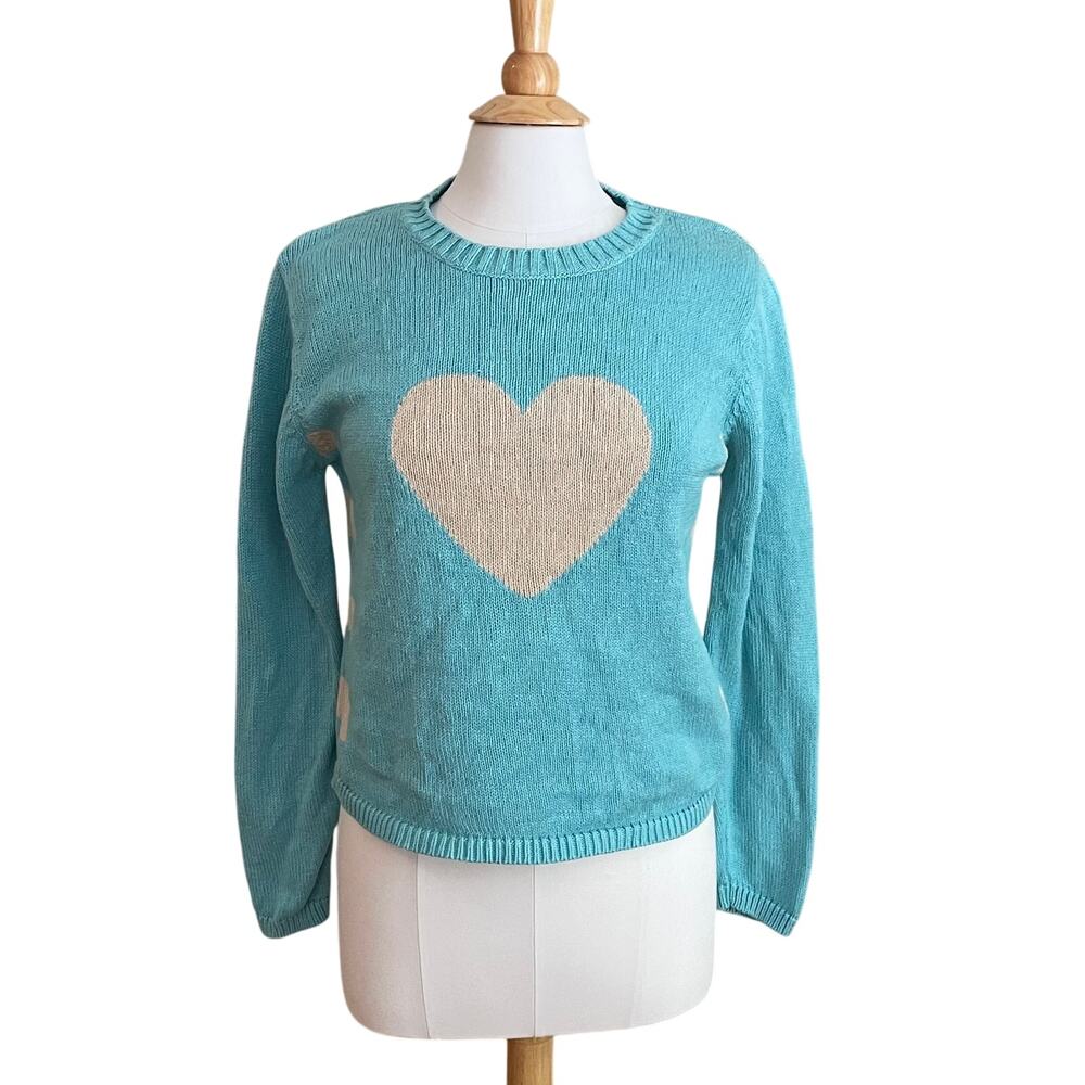 Christopher & Banks Aqua Blue Crewneck Sweater Heart and Stripes, Coquette,  S